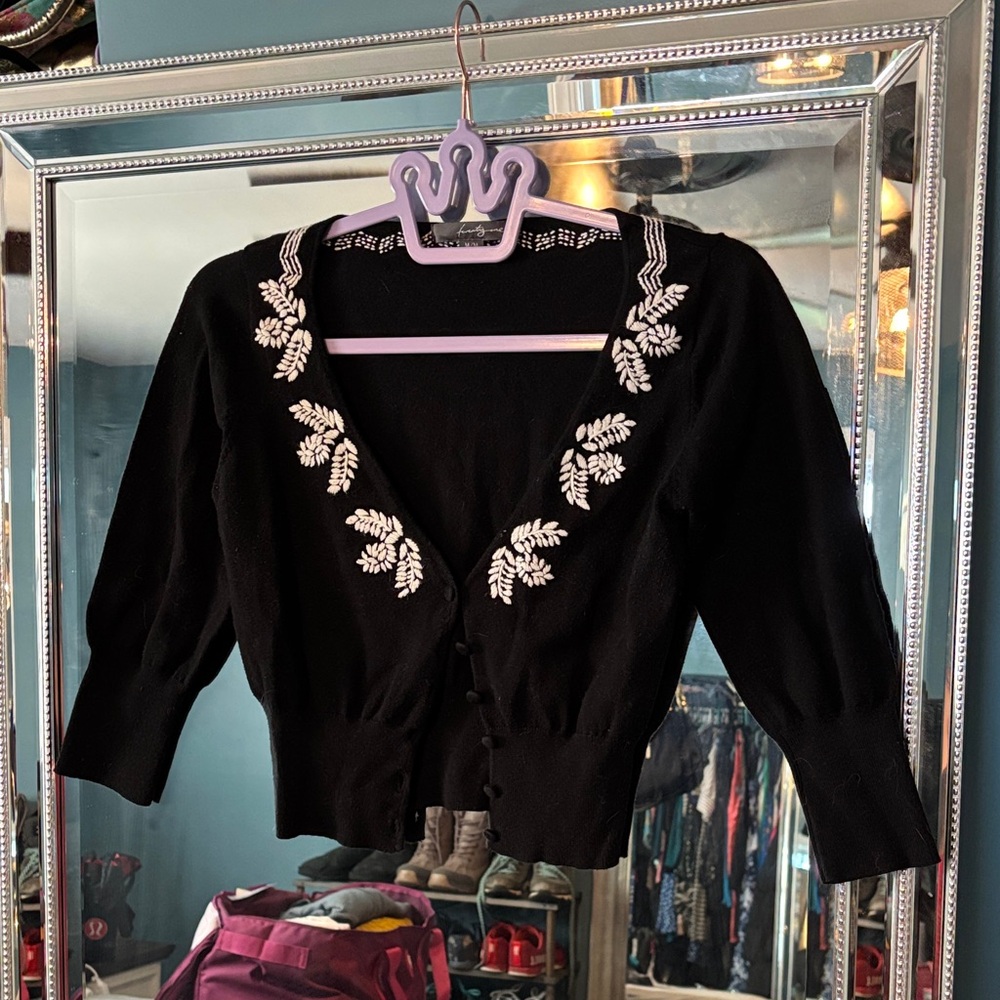Forever 21 Black Cardigan with White Embroidery